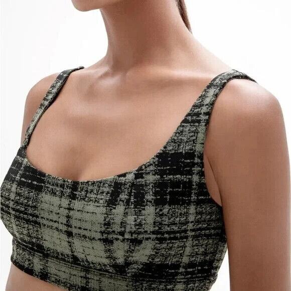 NWT ONA BY YOON CHUNG Plaid Sports Bra Black Green Scoop Neck Top Active M - Picture 1 of 6